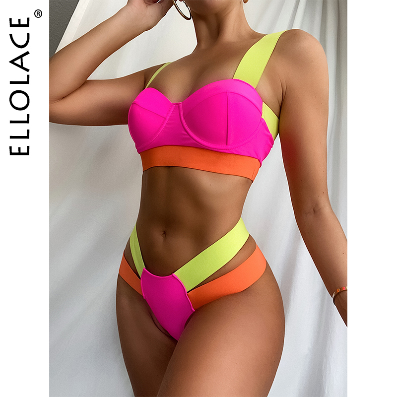 

Ellolace Womens Swimsuits Sexy Swimwear Patchwork Bikini 2021 Woman Push up Biquini Neon Bikinis Swimsuit Bathing Suits 2021, Black