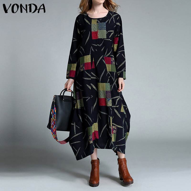 

Women's Blouses & Shirts Casual Long Sleeve Baggy Dresses Kaftan Print Dress Spring Sundress VONDA 2021 Female O Neck Retro Robe V, Navy
