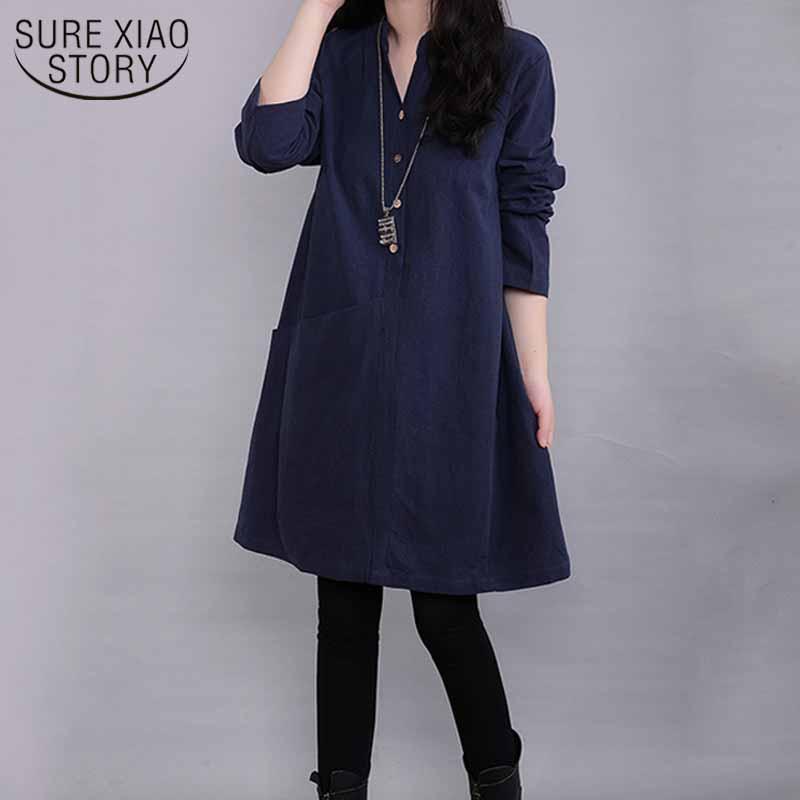 

Casual Dresses 2022 Spring A-line Dress For Women Linen Cotton Long Sleeve Mid-length Loose Solid Button Splicing Robe Femme 12676, Black;gray