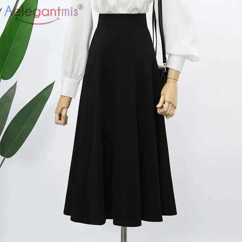 

Aelegantmis Black Ruffles Office Lady Long Skirts Women A Line Solid High Waist Spring Elegant Korean Fashion OL 210607