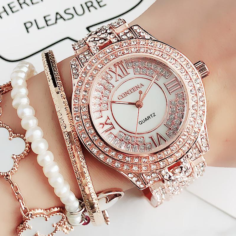 

Wristwatches Relogio Feminino CONTENA Women's Watch Stainless Steel Strap Water Resistant Luxury Rose Gold Ladies Crystal Watches Women
