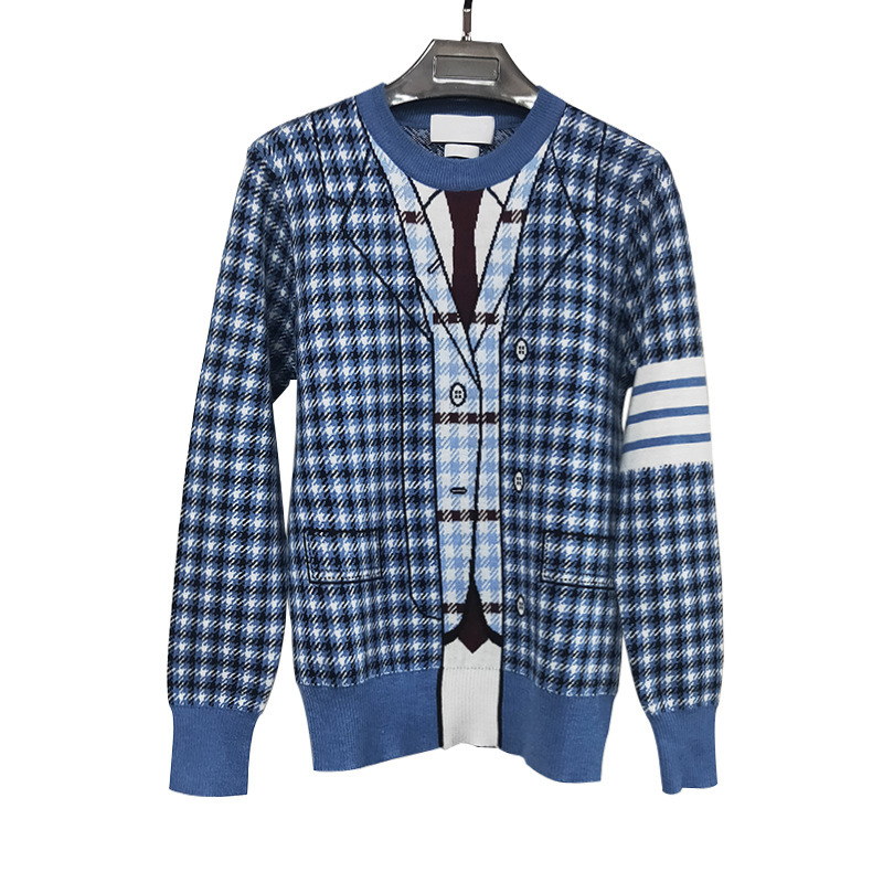 

tees Fashion TB Thom Brand Sweaters Women Slim Fit O-Neck Pullovers Clothing Striped Wool Cotton Plaid Casual Coat, White