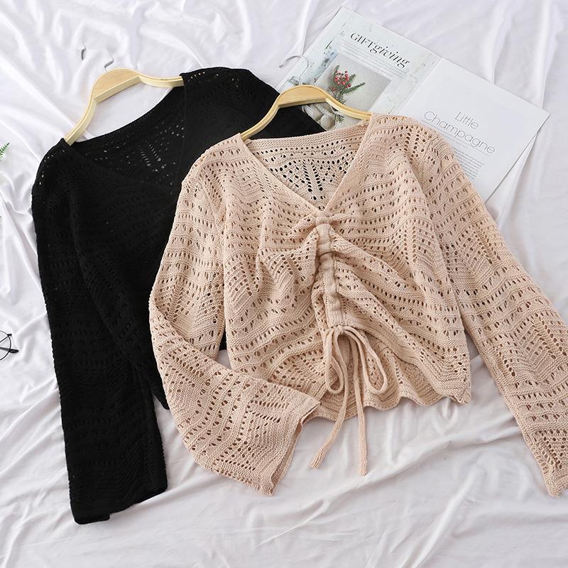 

womens shirts autumn bow drawstring knitted hollow out blouse sunscreen thin solid long sleeve green top, White