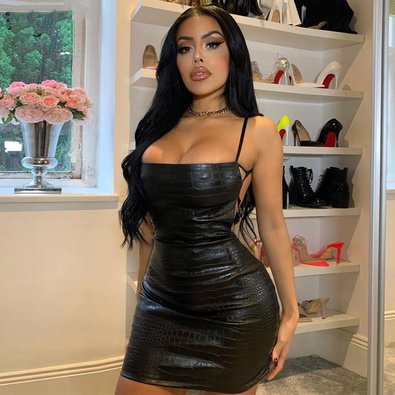 

Casual Dresses Hirigin Sleeveless Solid Slash Neck Pu Leather Backless Sexy Mini Dress Autumn Winter Women Fashion Party Club Clothings, Black