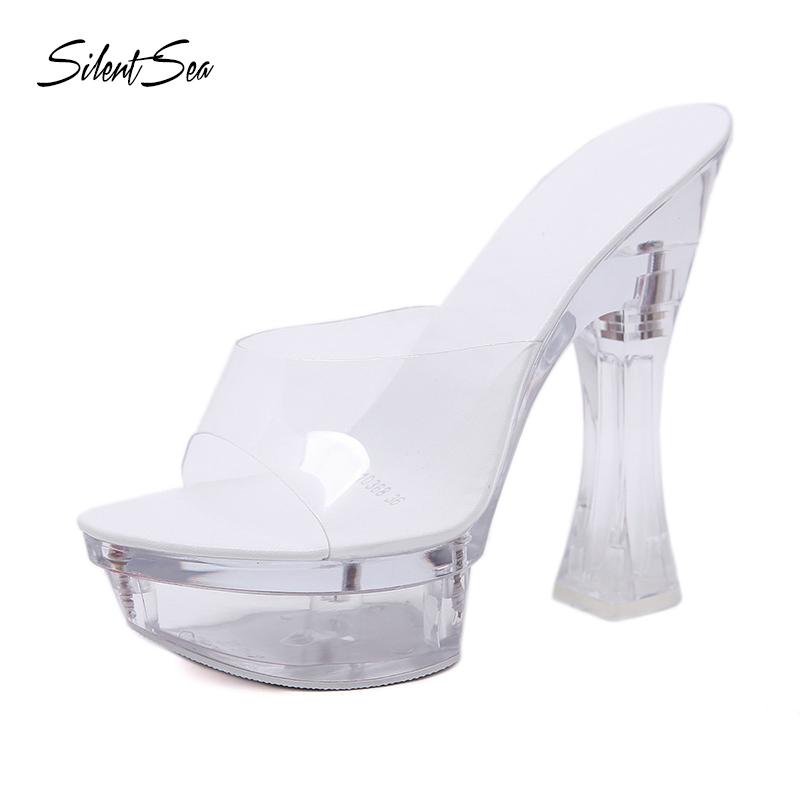 

Silentsea Platform Slippers Womens Transparent Crystal Sandals Ultra High Heels 14.5cm Waterproof Flip Flop Big Yards
