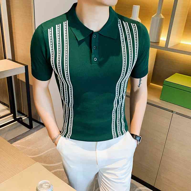 

Social Knitting Slim Polo British Style Stripes Polo Shirt Men Summer Short Sleeve Men's Polos Slim Fit Casual Polo Homme 3XL 210707, Green