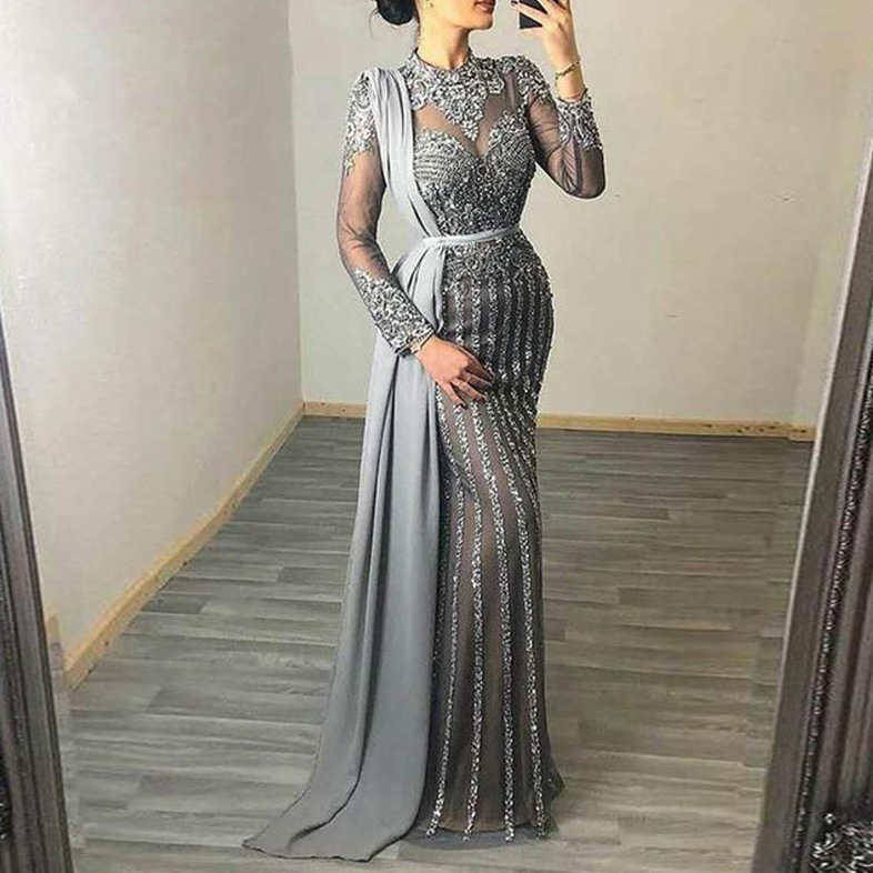 

2021 Newest Prom Dresses African Saudi Arabia Long Sleeves Women Formal Dress Mermaid elie saab Celebrity Robe De Soiree Evening Wear, Light sky blue
