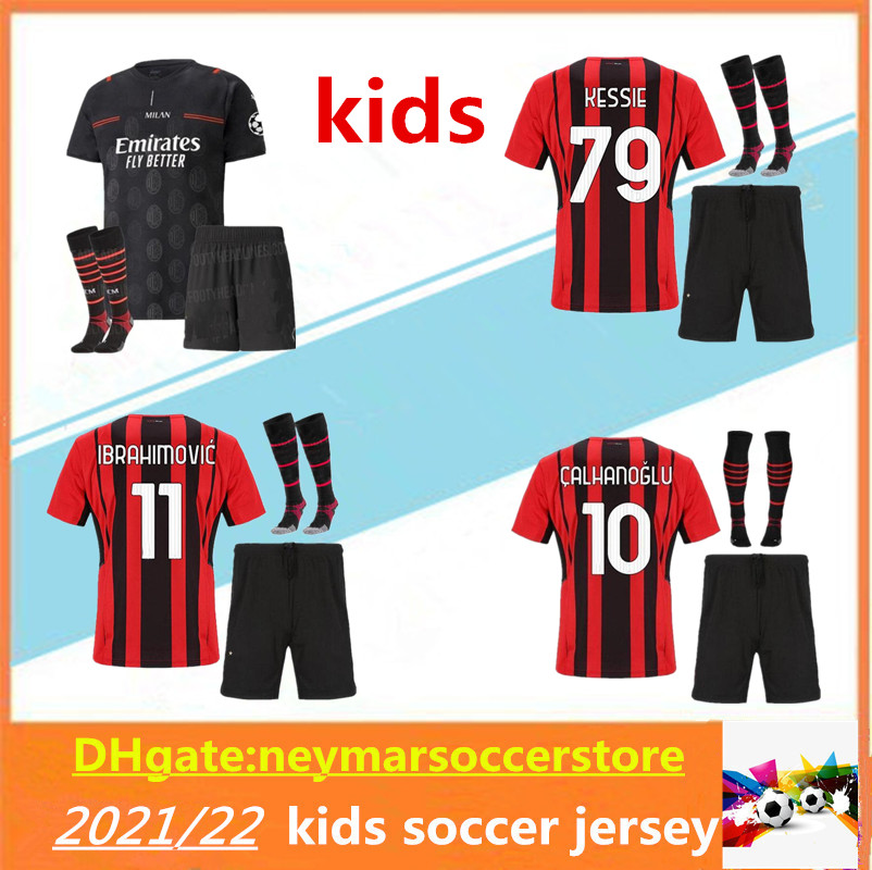 

KIDS 2021 2022 AC soccer jersey Milan 2021/22 IBRAHIMOVIC PAQUETA BENNACER REBIC boys maglia da calcio CALHANOGLU maillot de football shirts, Black