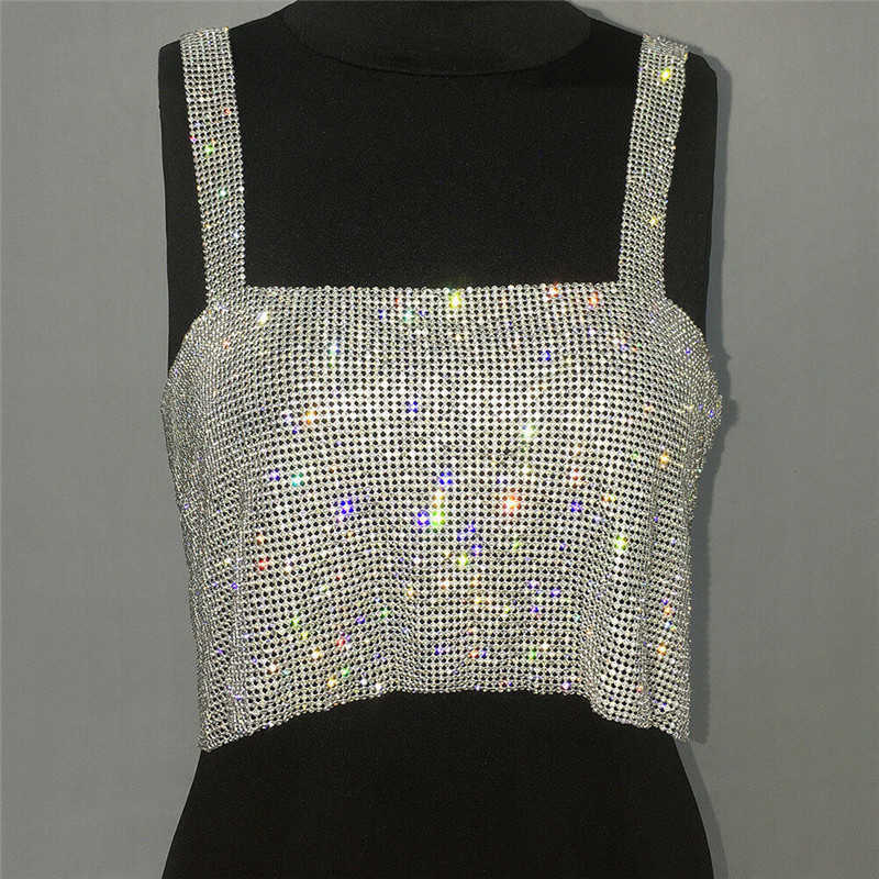 

DEAT Women Clothes Sexy Off Shoulder Ladies Strap Tank Tops Geometry Sleeveless Polyester Vest Sequins Gold Camis MG210 210709, Silver
