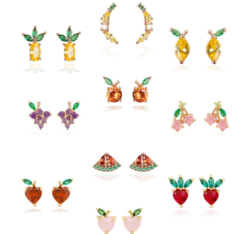 

Cubic Zirconia Fruit Dinosaur Threaded Stud Earrings For Women Strawberry Grape Watermelon Copper 18k Gold Plated Girls Jewelry Gift