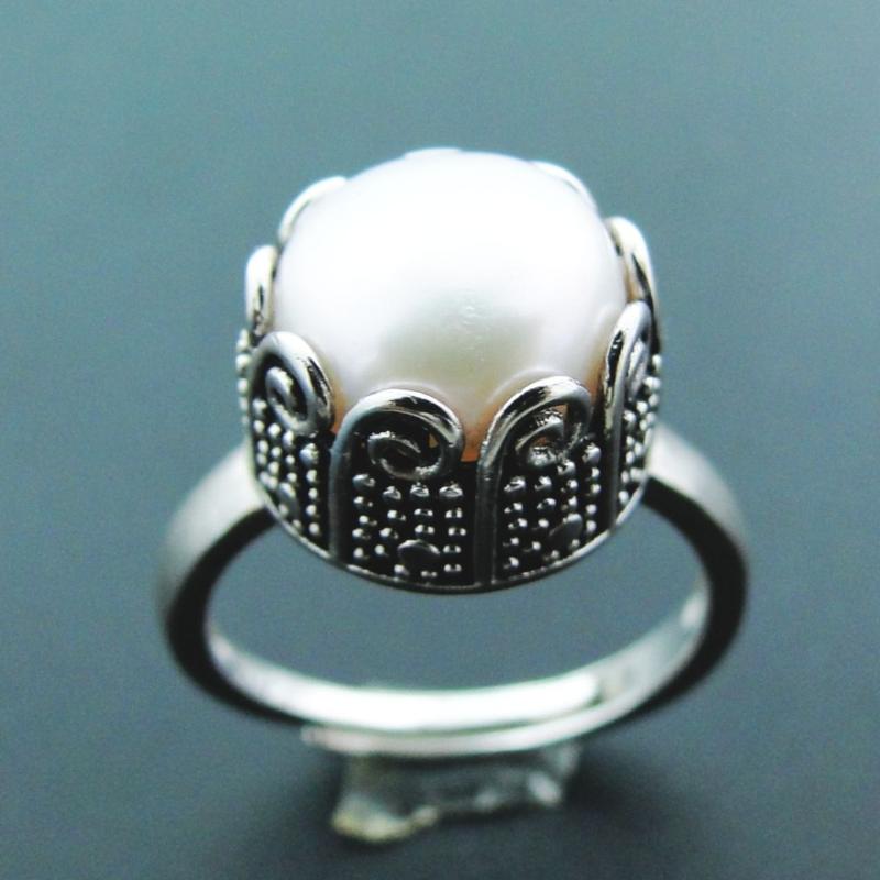 

Retro Laciness Woman Ring Freshwater Pearl Rings 925 Silver Wedding With 10MM White Natural Daughter Girl Love Gift Cluster