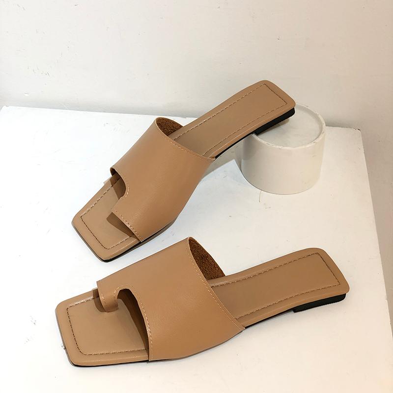 

Slippers Big Size 35-43 2021 Summer Women Flats Shoes Ladies Slides Female Outside Footwear Leather Sewing Beige Black Khaki