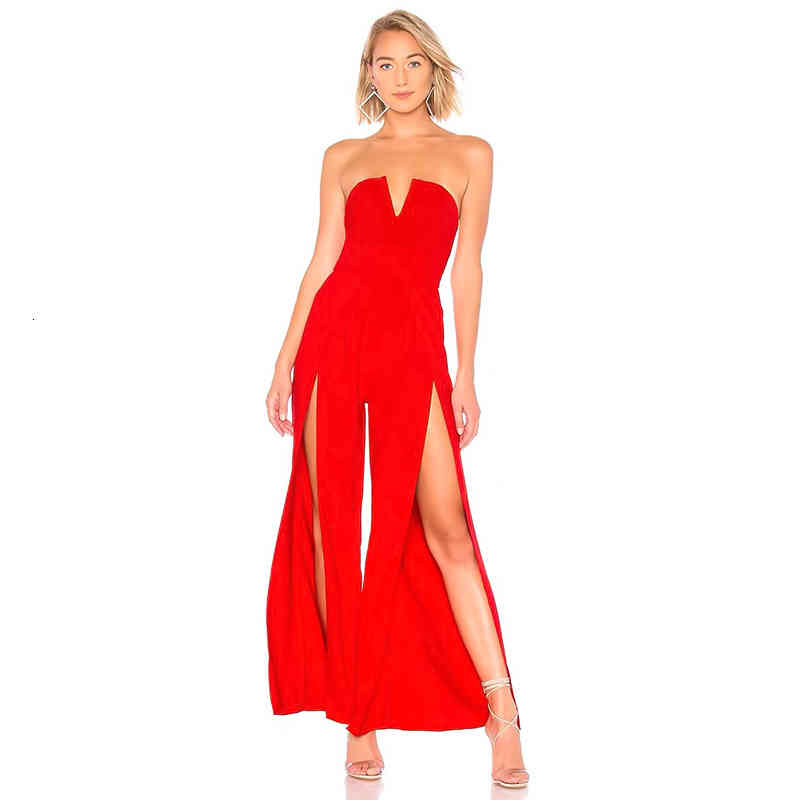 

Casual Dresses Sexy slim split pants suit women' bra bag hip bandage Jumpsuit WQNC, Red