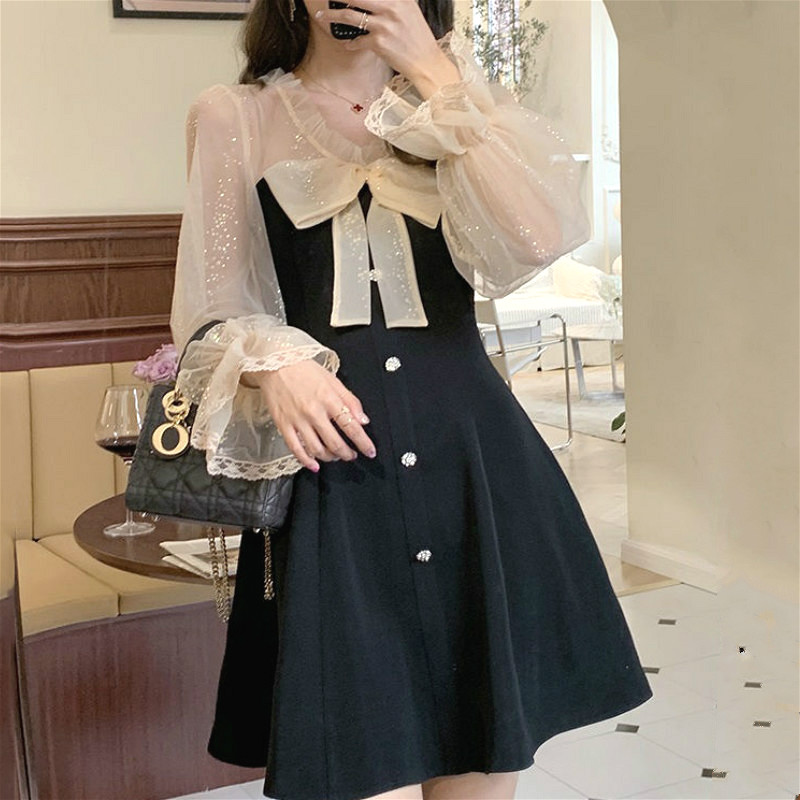 

Elegant Mini Party Dress Women Casual Bow Lace Long Sleeve Black Vintage Dress Bow Sexy One Piece Dress Korean 2021 Spring Chic