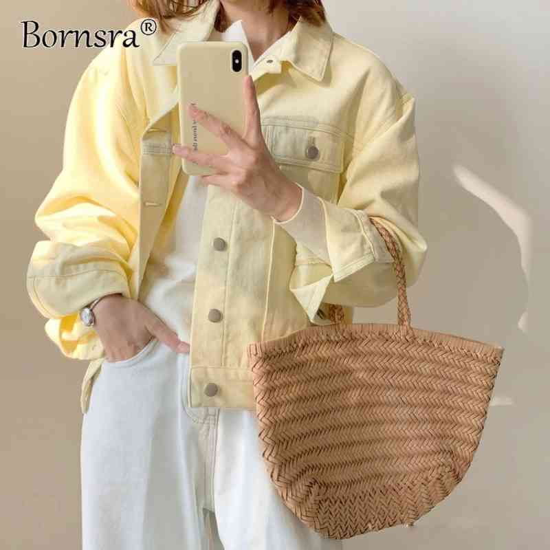 

Bornsra Stylish 100% Denim Jacket Female Spring Single Breasted Pockets Outwears Yellow Coats Jean for Woman