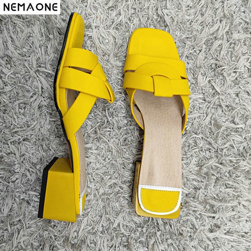

Slippers 2021 Women Pu Leather 4.2cm Square Heels Slipper Open Toe Sandals Pink Blue Yellow Ladies Casual Shoes Woman, Black