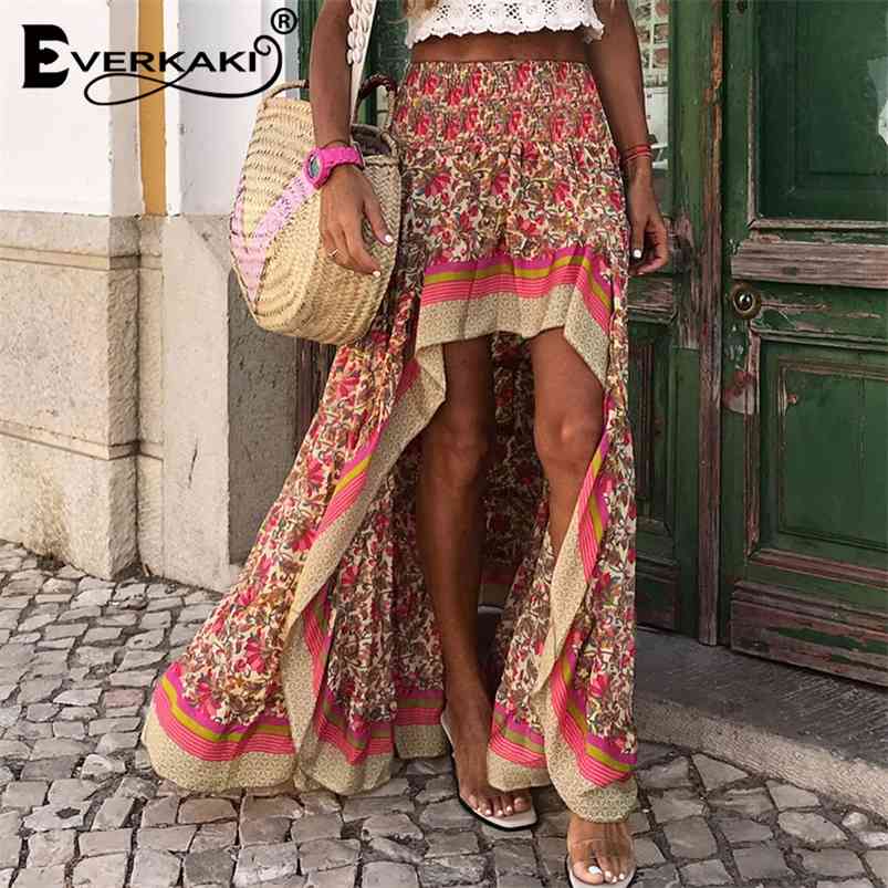 

Everkaki Boho Print Long Skirt Summer Beach Bottoms Elastic Waist Gypsy Ethnic Oversize Ladies Skirt Female Clothing 210721, Blue
