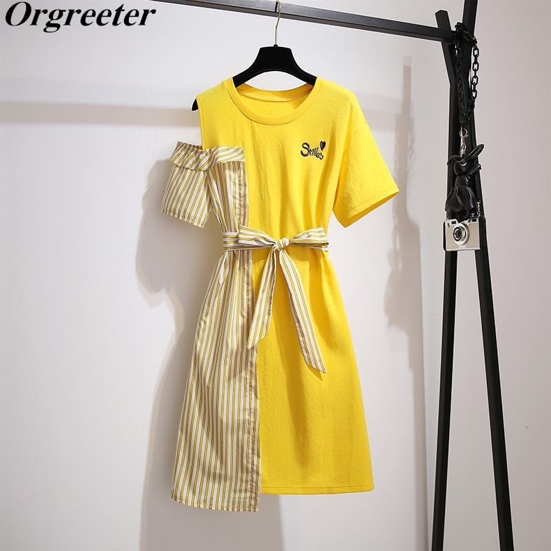 

Korean Casual Student Tshirt Dress Summer Chic Strapless Striped Patchwork Mini Letter Embroidery Yellow Women 210525
