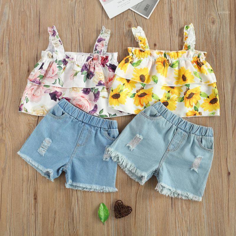 

Baby & Children's 2-6Years Kids Suit Set Girls Flower Print Square Collar Sleeveless Tops+ Denim Shorts For Summer Clothing Sets, White