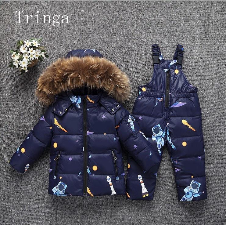

Down Coat Real Fur With Hood Jacket+jumpsuit Kids Baby Toddler Girl Boy Children Clothes Parkas 2pcs Winter Outfit Suit, Blue;gray