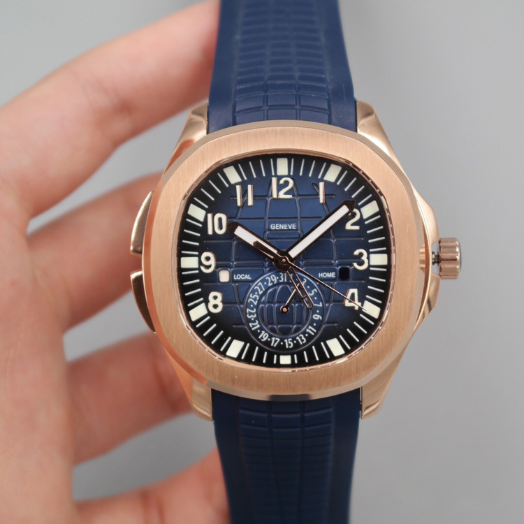 

2022 5164 GMT Travel Time Automatic Mens Watch Rose Gold Blue Textured Dial Stick Number Markers Rubber Strap 5 Styles Watches Puretime01 E19f6, Customized waterproof service