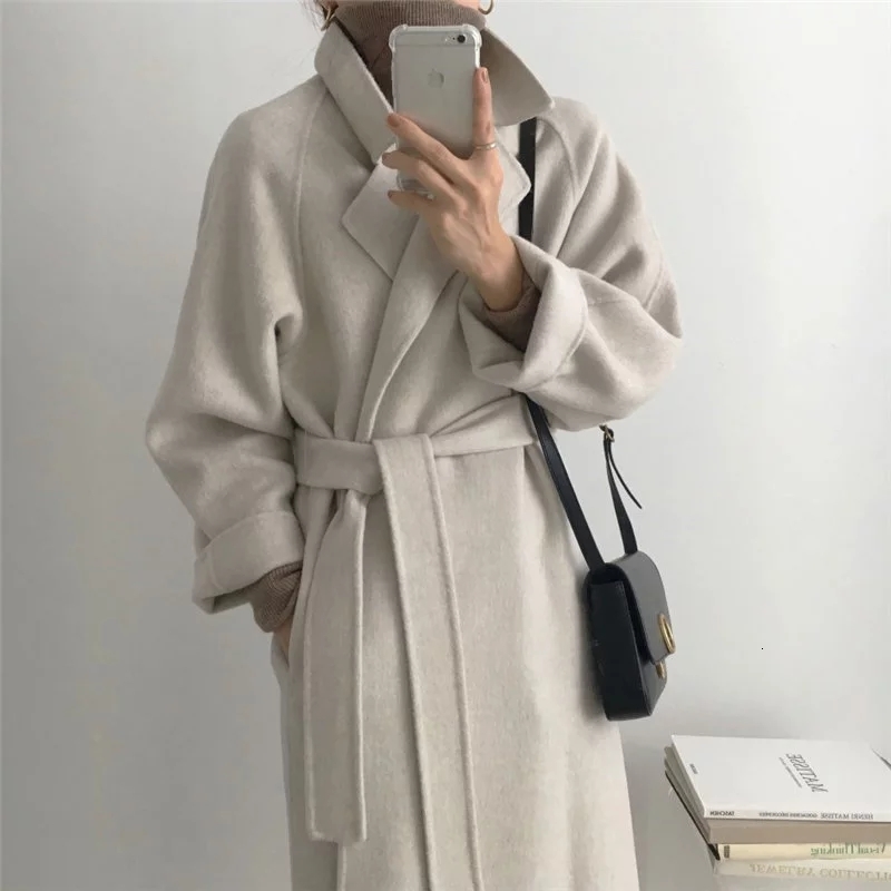 

Women's Trench Coats Lazy French slacker female style fresh winter 2021 classic retro-loose belt ladies fancy casual wool coat long, Brown