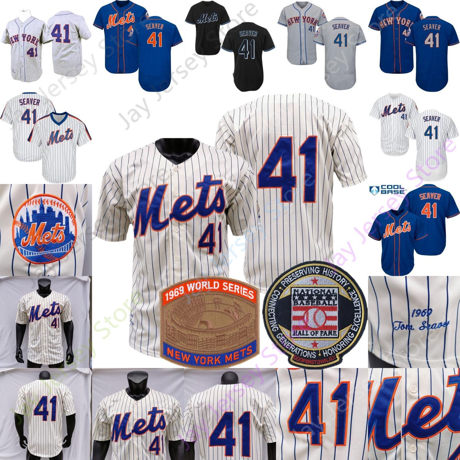 

NCAA Tom Seaver Jersey 1969 WS Baseball Hall Of Fame Patch White Pinstripe Blue Grey Pullover Button All Stitched, Blue;black