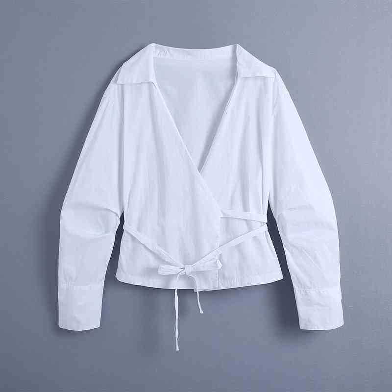 

Casual V neck Lace Up Bow Blouse White Cotton Shirts Slim Wrap Office Lady Spring Long Sleeve Tops 210525