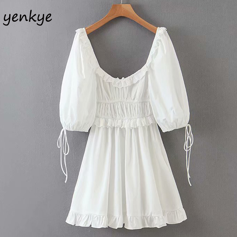 

Sexy Lace Trims Elegant White Dress Women Lantern Sleeve Square Neck A-line Mini Summer Party Dresses Short vestido LJPZ9268, Default color