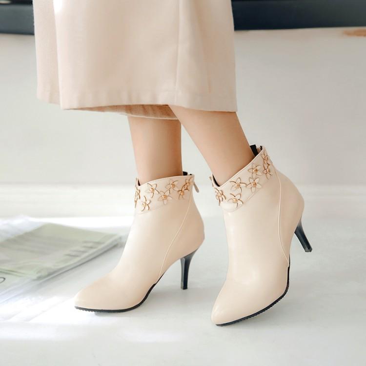 

Boots Big Size9 10 11-16 Women Shoes Ankle For Ladies Woman Winter Flower Decorated Rear Zipper, Beige