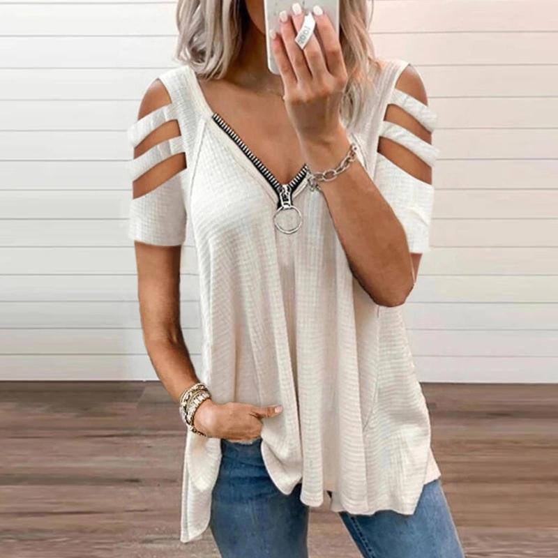 

Women's Blouses & Shirts Women Fashion V-Neck Zipper Blouse Shirt 2022 Spring Summer Short Sleeve Hollow Out Top Female Solid Loose Streetwe, White