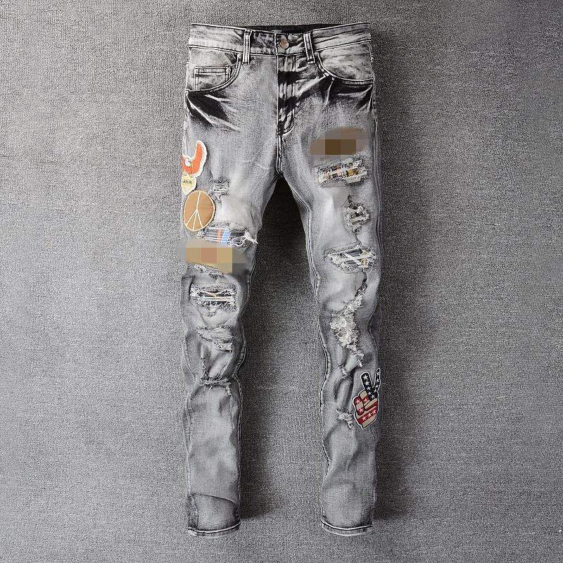 

jeans For Men Skinny Straight Slim Hip Hop Ripped Star Graffiti Motorcycle Biker Jean Pants Size -40, 681