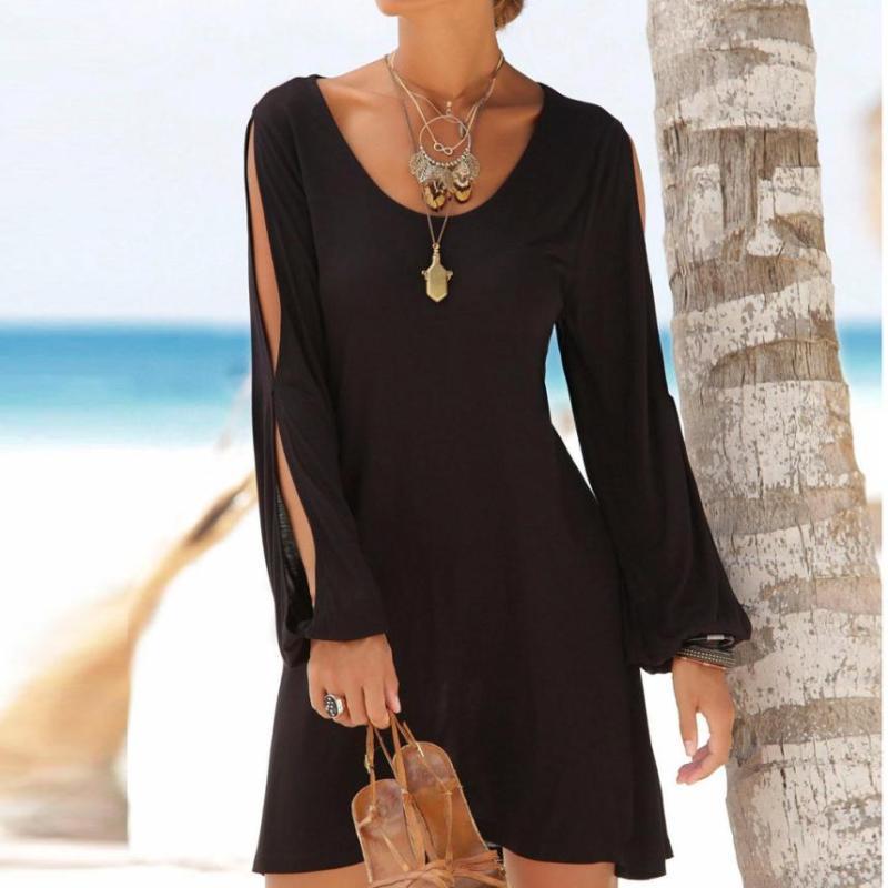 

dress Fashion Women Casual O-Neck Hollow Out Sleeve Straight Dress Solid Beach Style Mini dress women 210518, Black