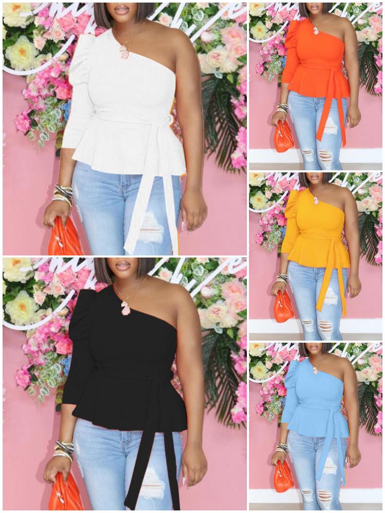 

Women's Blouses & Shirts Summer Women Plain Incline Shoulder Tied Top 2022 Femme Solid Puff Sleeve Ruffle Hem Blouse Office Lady Outfit, Yellow