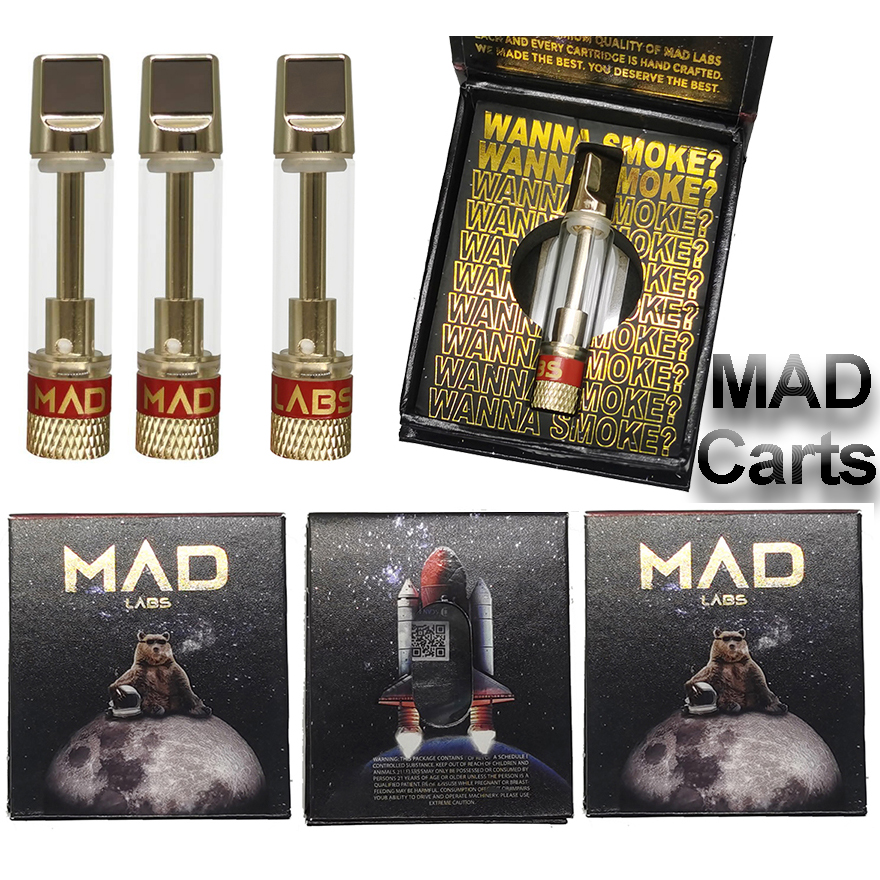 

MAD Vape Cartridges 0.8ml Atomizers Metal Carts 510 Thread Vaporizer Pen Cartridge Gold Colors Round Tips Thick Oil Empty Vape Pen mad labs
