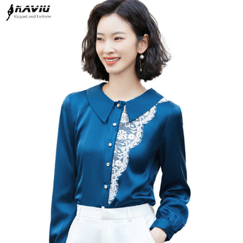 

Blue Shirt Women Lace Design Spring Fashion Chiffon Long Sleeve Blouses Office Ladies Business Work Tops 210604