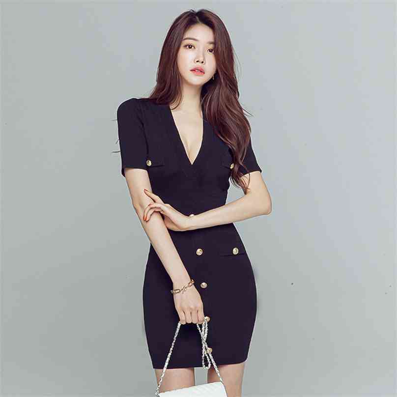

Black Sexy tight Dress korean ladies Summer Short Sleeve V neck Office cabaret Party Dresses for women clothing 210602