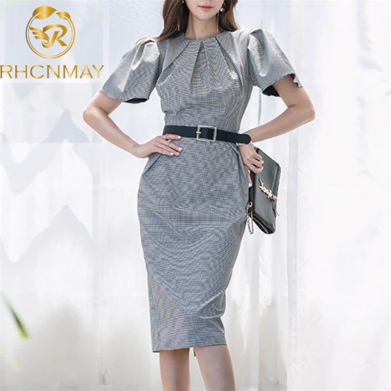

Spring Women Puff Sleeve Pencil Dress Fashion Plaid Gray Bodycon Sheath Office OL Elegant Split Belt 210520