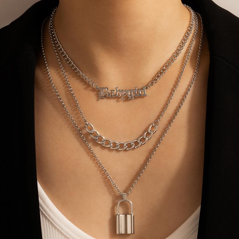 

Pendant Necklaces Punk Letter Thick Chains Clavicle For Women Hip Hop Silver Color Lock Link Chain Necklace Party Jewelry Collar