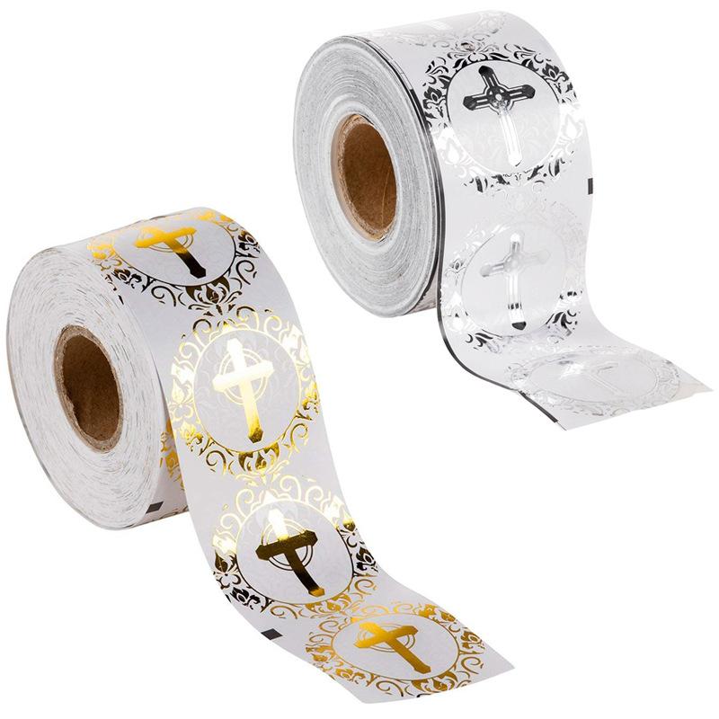 

Party Decoration Religious Christian Cross Stickers Gold Silver Foil Round Labels Christening Communion Occasions Sealing Label Sticker