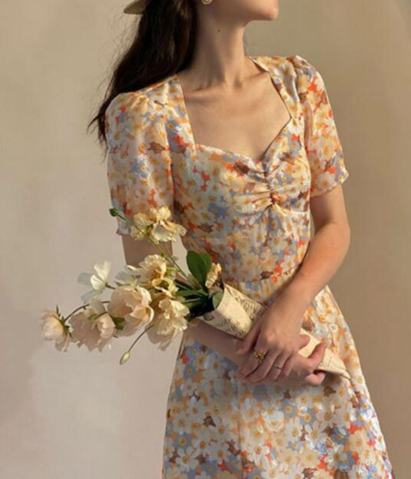 

French platycodon sweet tender Hepburn style small Daisy floral dress, Picture color