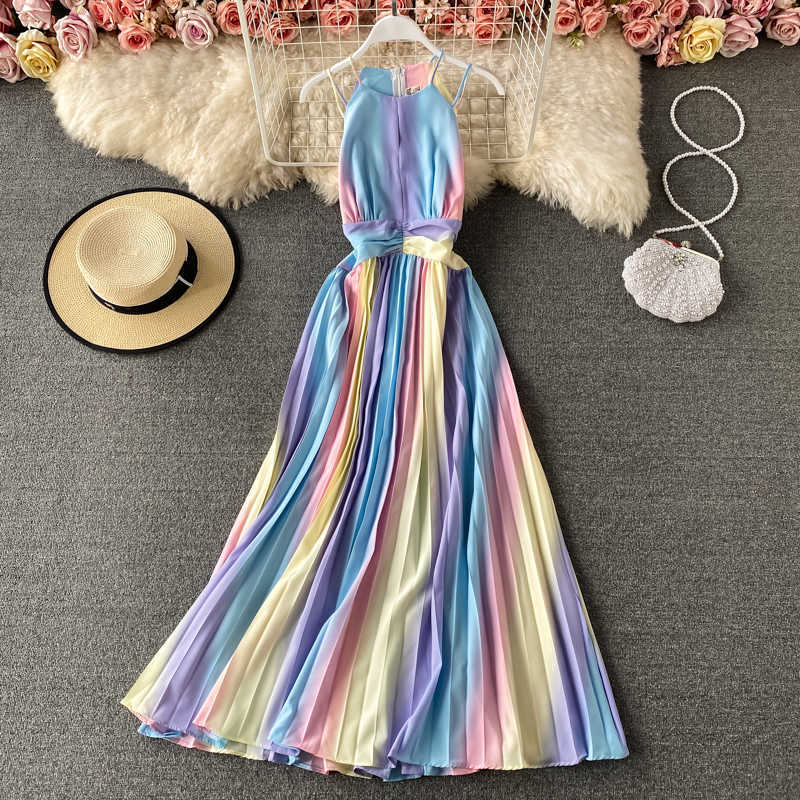 

Spring Summer Rainbow Gradient Print Long Spaghetti Strap Dress Women Sexy Halter High Waist Draped Big Swing Vestidos New 2021 Y0603, Sky blue