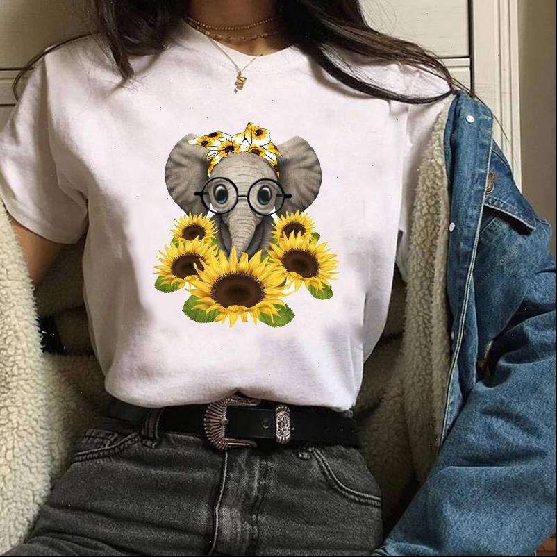 

tees graphic elephant sunflower flower women girl cute print clothing 90s clothes female t shirt womens, White