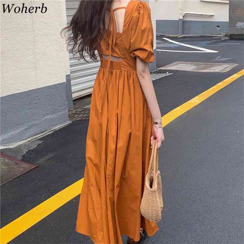 

Chic Bow Bandage Backless Sexy Dress Women Fashion Square Collar Puff Sleeve Dresses Solid Elegant Summer Vestidos 210519