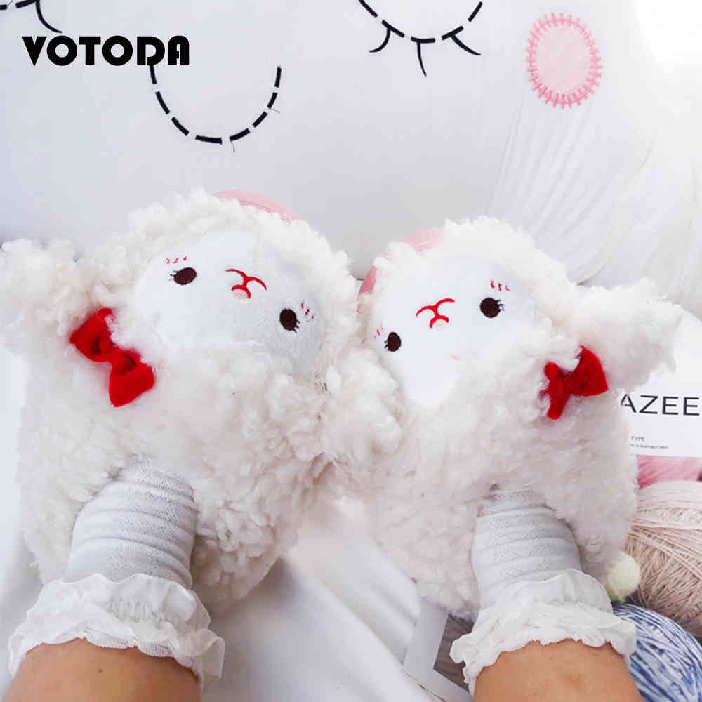 

Women Cute Animal Slippers Cute Lamb Cotton Slipper Girl Furry Rabbit Slides Winter Warm Soft Flip Flop Lady Cartoon Plush Shoes C0330, Black