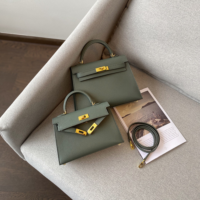 

High quality women's 2021 new almond green hand print calf leather second generation Mini Kelly one shoulder diagonal span bag
