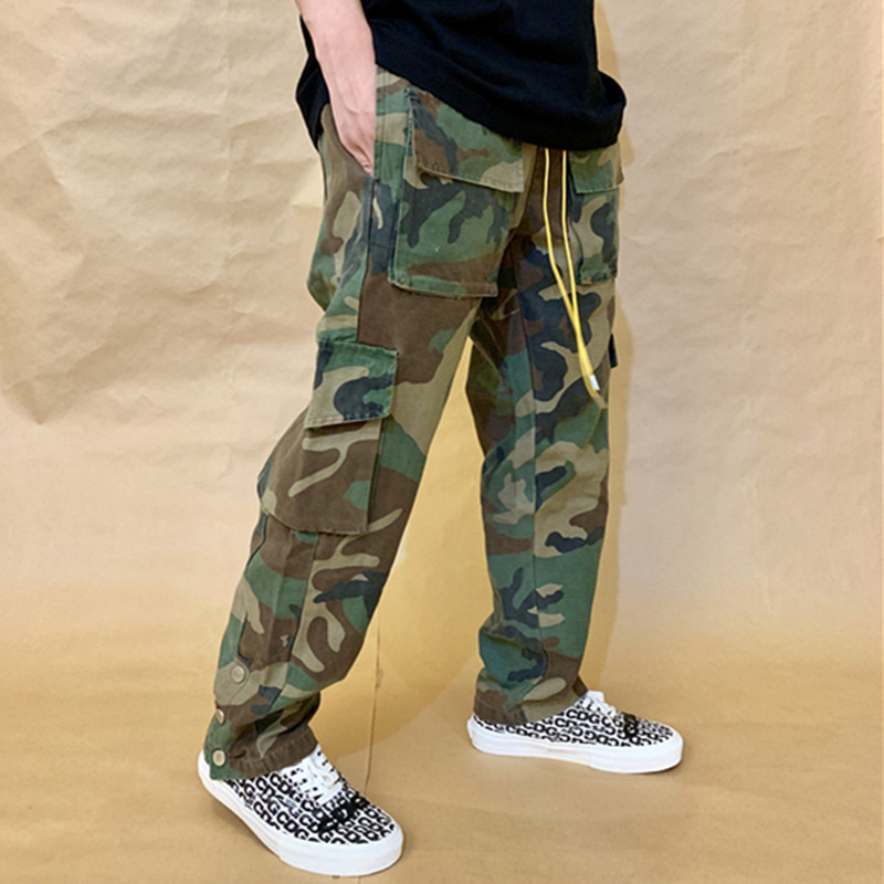 

old make Rhude wash military style camouflage Multi Pocket pants leg buckle straight tube loose casual overalls pants, Black