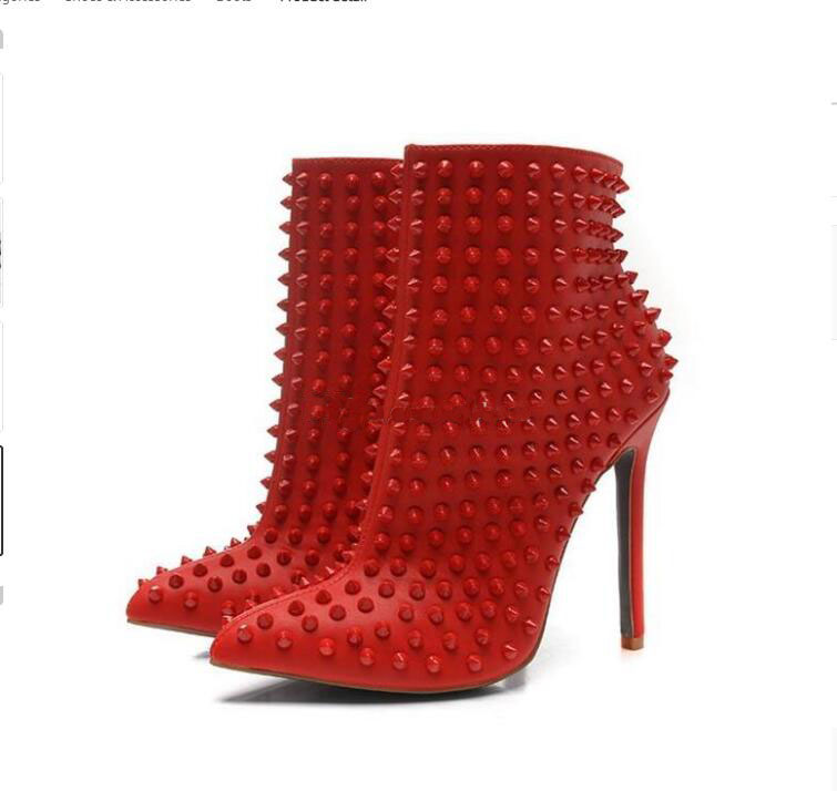 

Luxurious Designer Leather with Spikes Pointed Toes Womens Ankle Boots Fashion Designers Sexy Ladies Red Bottom High Heels Shoes Pumps, Black