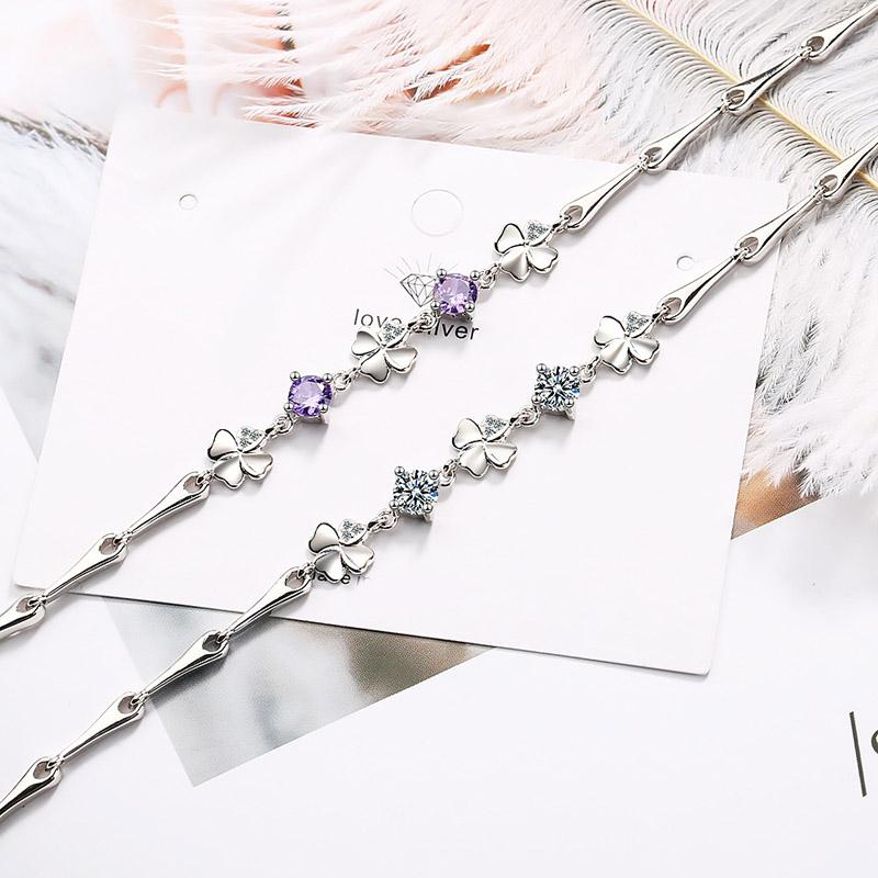 

Link, Chain 925 Silver Women Bracelet Elegance Crystal Dots & Clovers Zircon Resizable Jewelry Girl Lady Birthday Gift