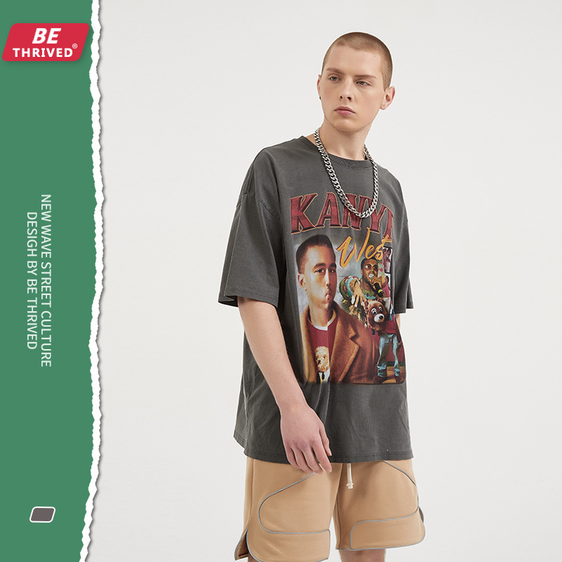 

be menswear 2021 spring / summer printed vintage short sve fenggao street fashion t-shirt, White;black